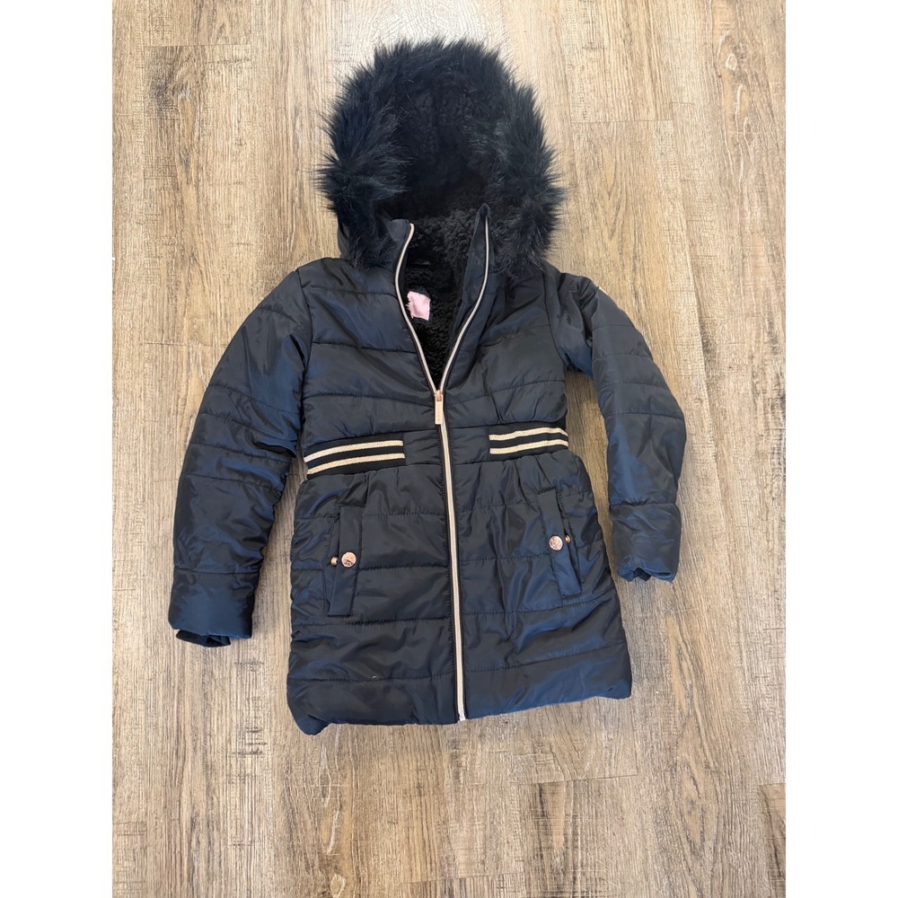BCBG Girls Black Quilted Puffer Jacket Faux Fur Hood Rose‎ Gold Size S Coat